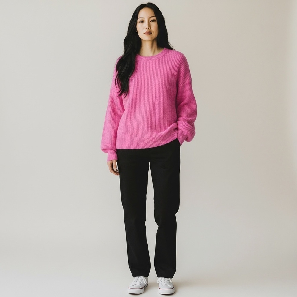 J. Crew Factory Pink Ribbed puff sleeve sweater in extra soft yarn Wool blend M